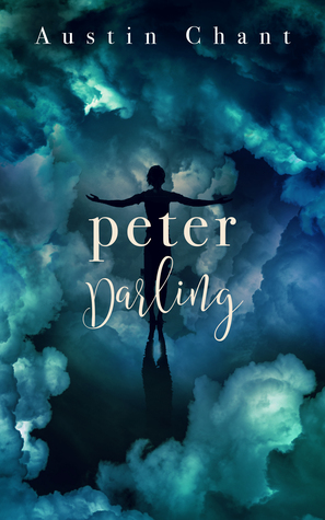 The cover of Peter Darling, which is covered in swirling blue and green clouds. In the center is the silhouette of a boy with his arms outstretched and his reflection below him.