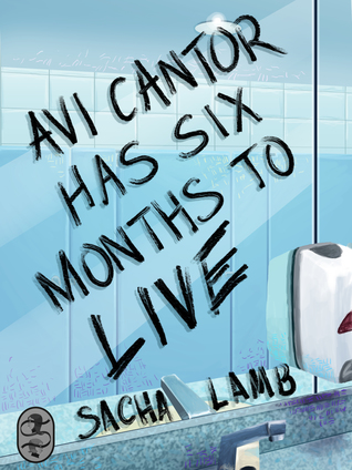 A digital illustration of the words "Avi Cantor Has Six Months to Live" scrawled in black marker on a mirror. The mirror reflects the doors of toilet stalls in a public bathroom. To the side of the mirror is a soap dispenser.