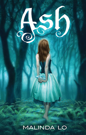 The cover of Ash, which is an illustration of a girl standing in a forest with her back to the viewer. She has brown hair, bare feet, and wears a fancy knee-length dress. Her hands are clasped behind her, holding a glass shoe.